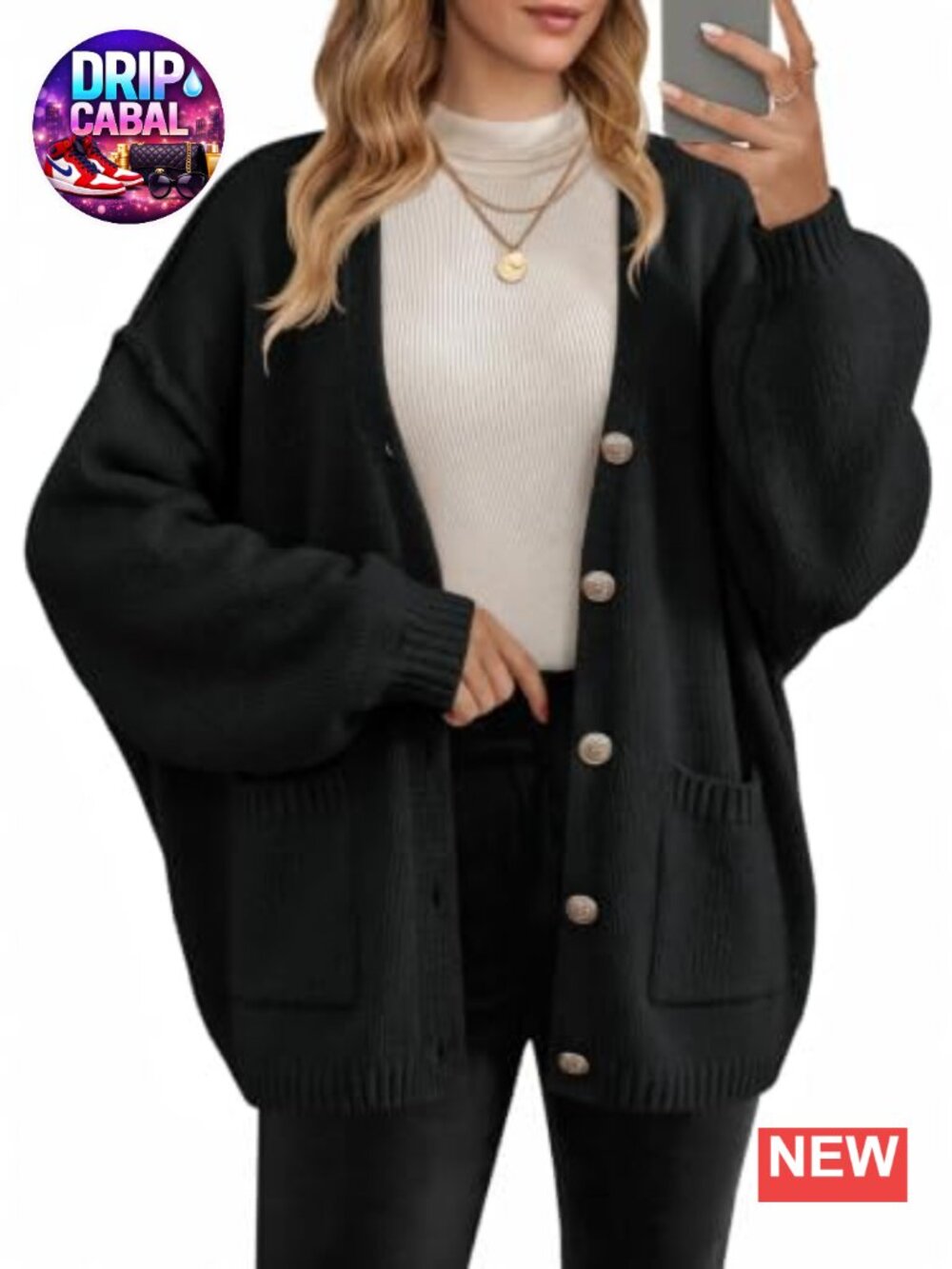 Women Oversized V-Neck Button Down Cardigan Chunky Knit Sweater Gold-Tone
